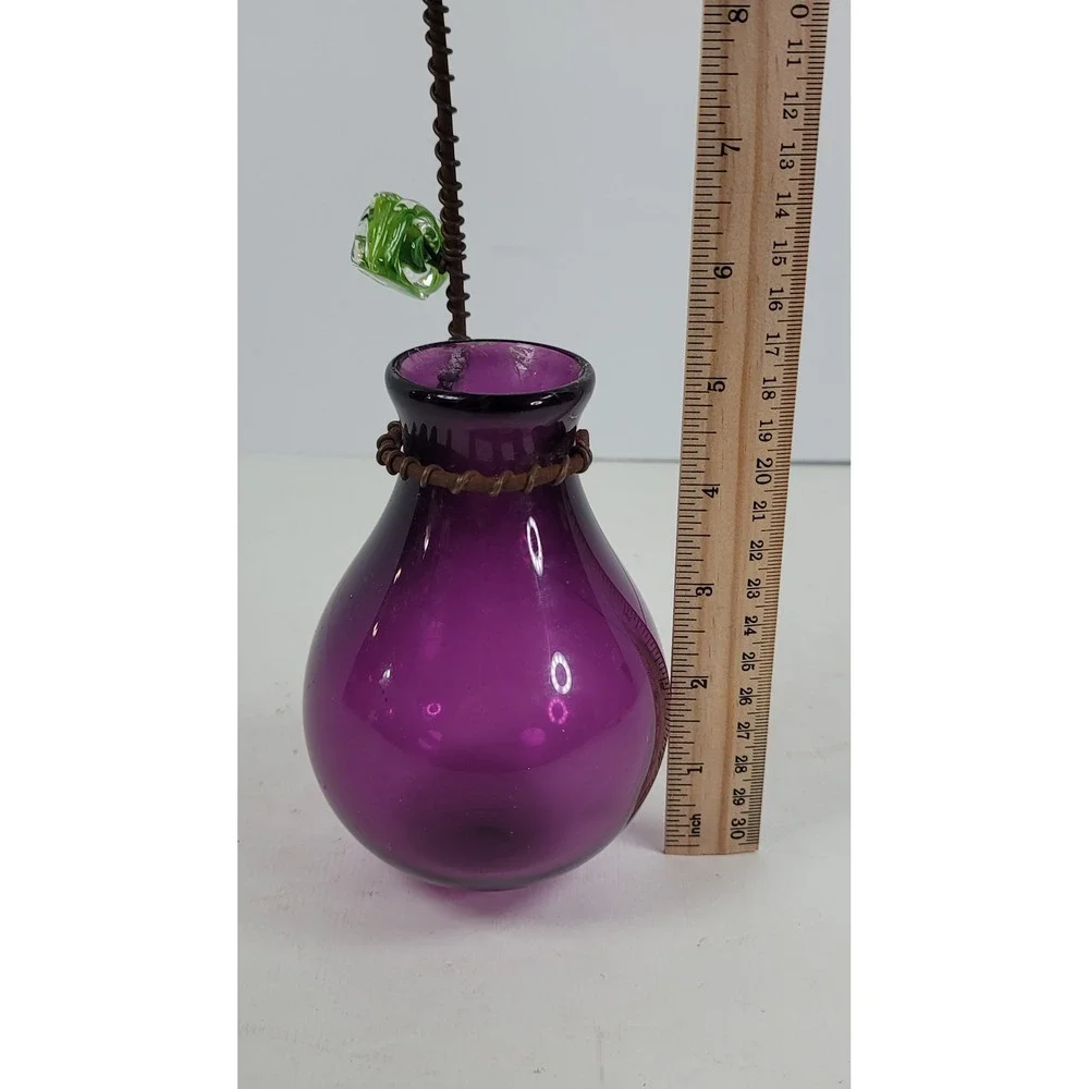 Signed Hand Blown Purple Glass Bud Vase with Metal Wire Hanger and Green Leaf